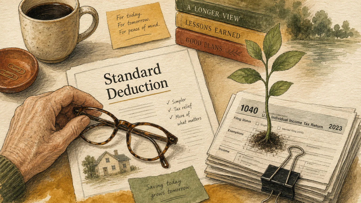 A conceptual gouache illustration of senior tax relief, showing reading glasses over standard deduction forms with a green seedling.