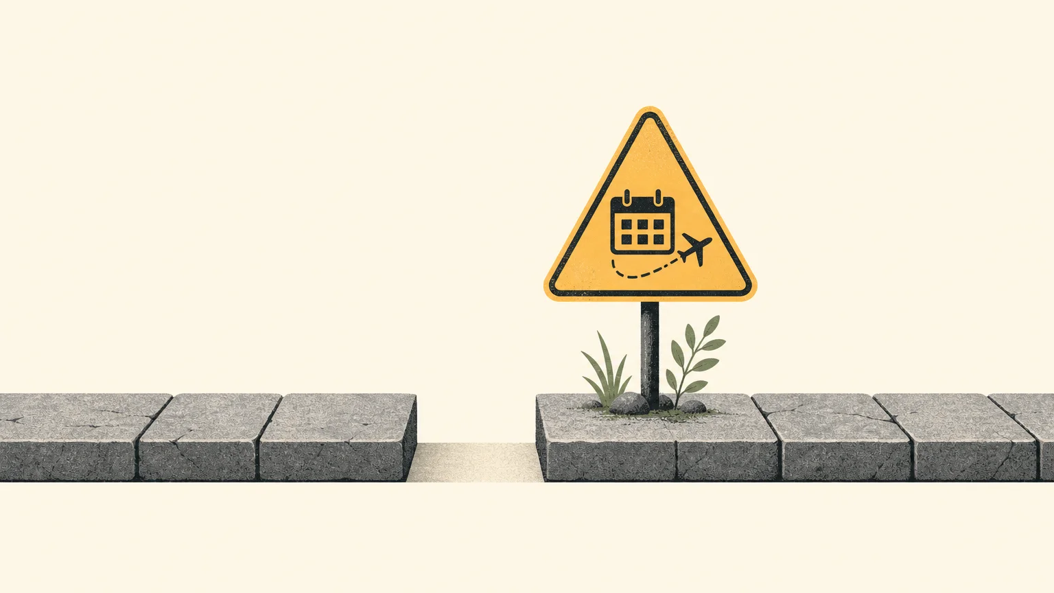 A conceptual illustration of a missing stone block in a pathway with a warning sign, depicting pitfalls.