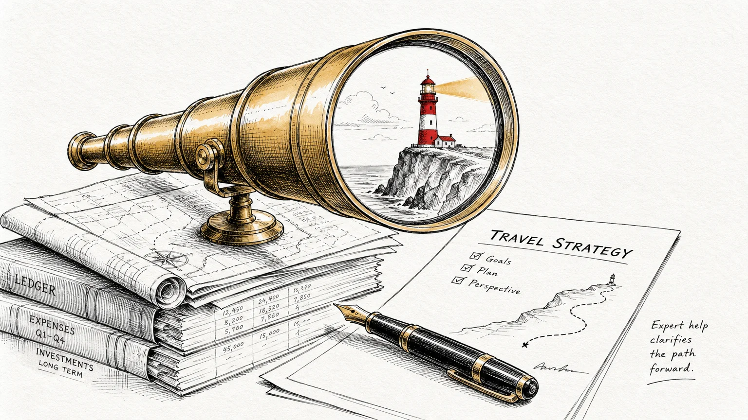 A conceptual illustration of a telescope, maps, and a fountain pen, symbolizing professional travel guidance.