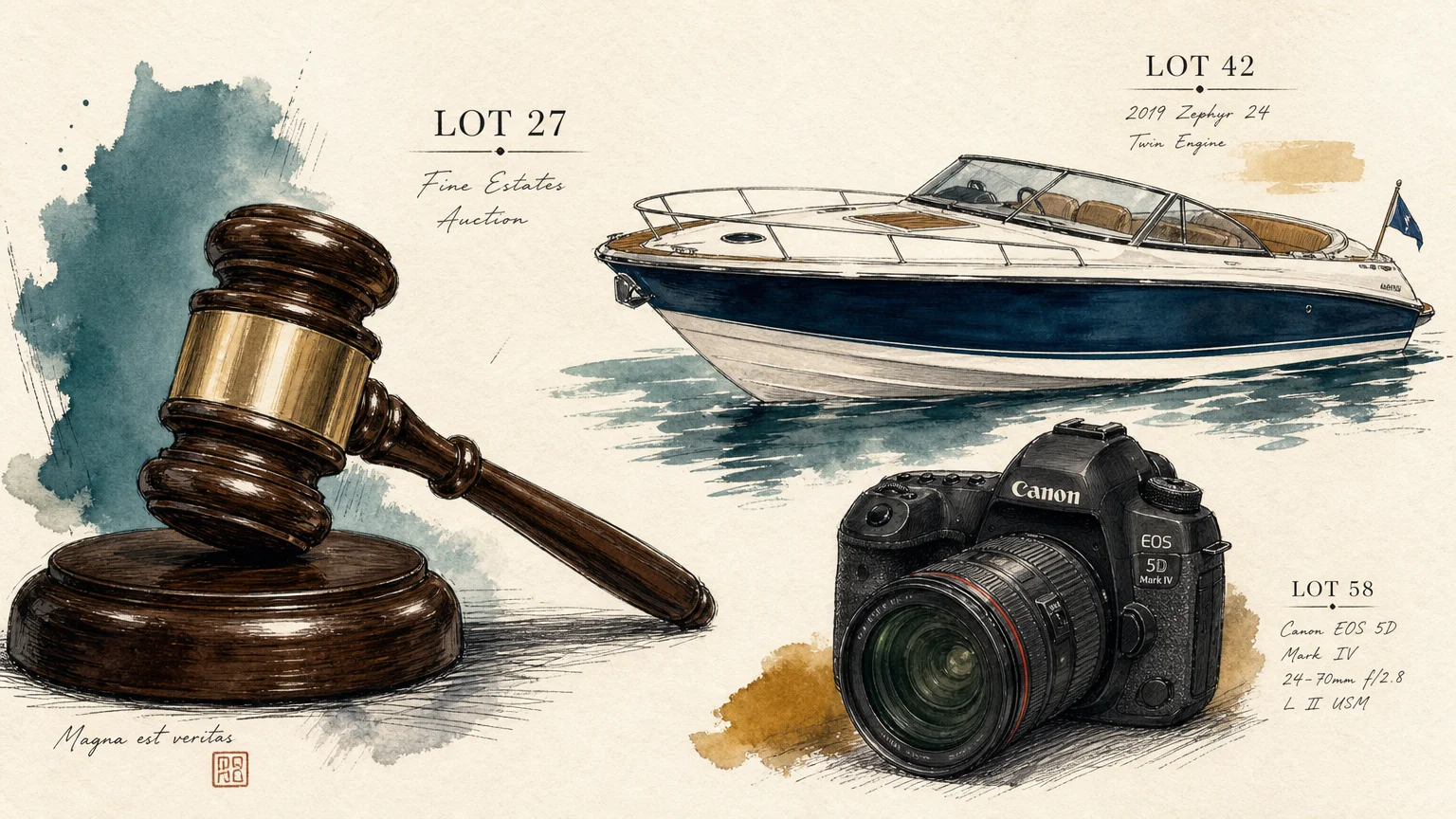A conceptual illustration showing an auction gavel alongside high-value seized assets like a motorboat and a camera.
