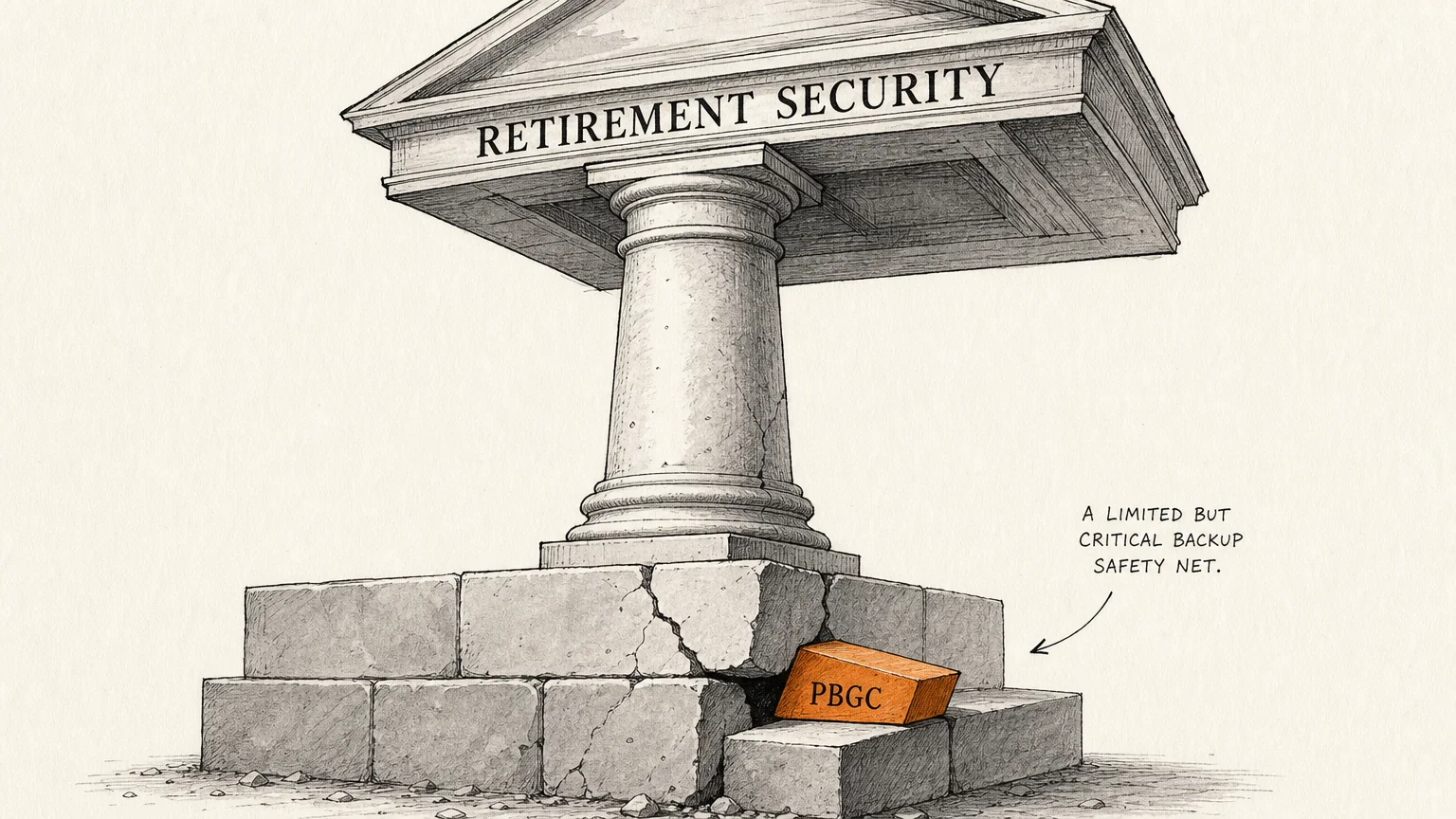 A conceptual watercolor illustration of a cracked stone column stabilized by a safety wedge, symbolizing pension vulnerability.