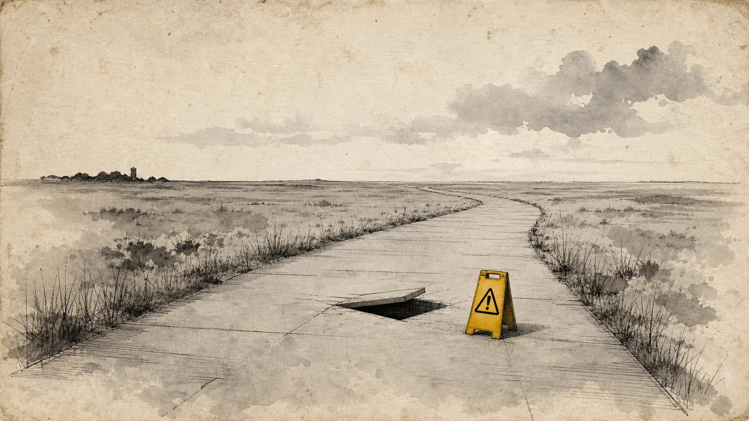 A conceptual watercolor illustration of a hidden trapdoor on a smooth path, symbolizing retirement pitfalls.