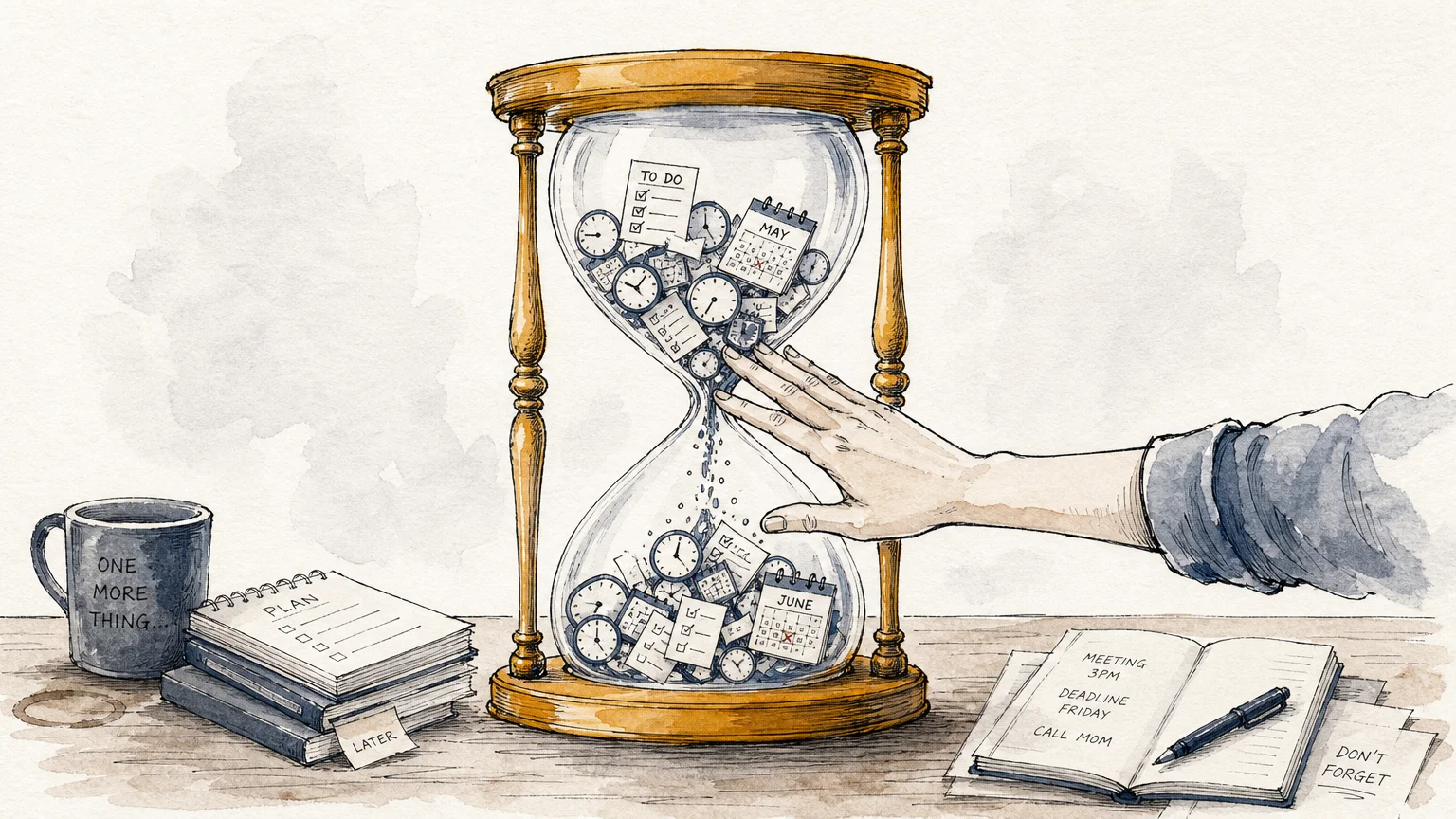 A conceptual watercolor illustration of an hourglass filled with clocks and checklists, representing the threat of overcommitment.