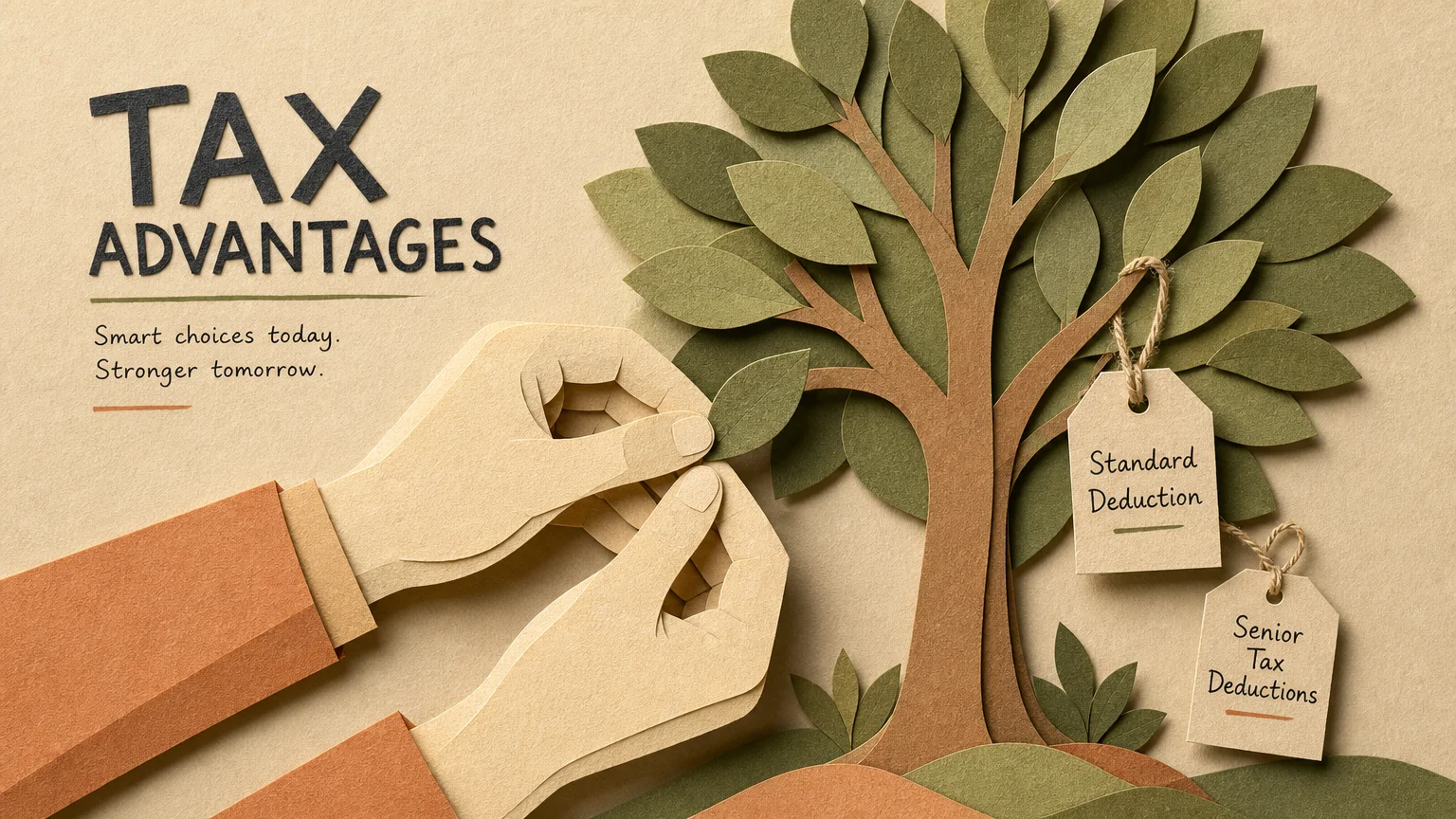 A cut-paper collage showing hands placing standard deduction leaves on a green financial tree.