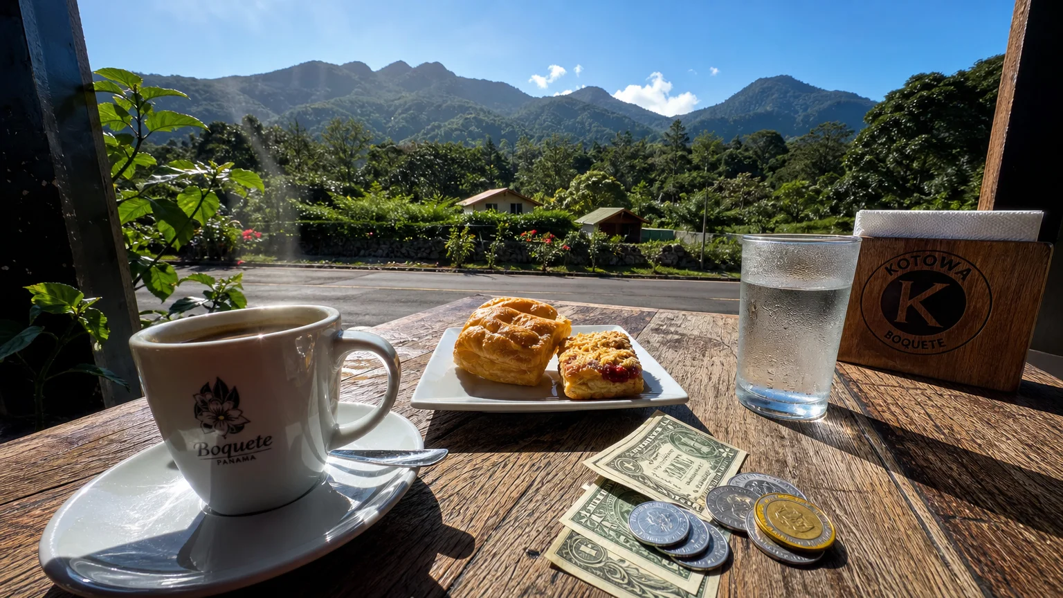 A first-person view of coffee and local currency on a café table in Boquete, Panama, with mountains in the background.