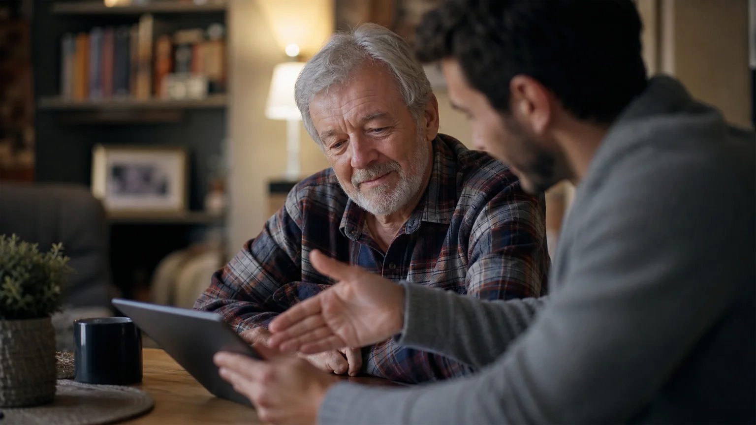 A focused, warm photo of a retiree and a financial advisor discussing retirement plans in a casual living room setting.