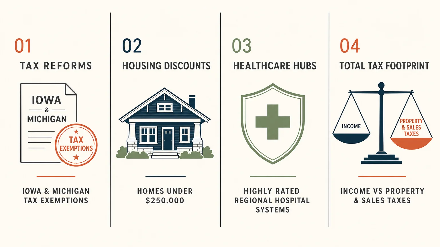 A four-panel diagram outlining the essentials of Midwest relocation: tax reforms, housing under $250k, healthcare, and total tax footprint.