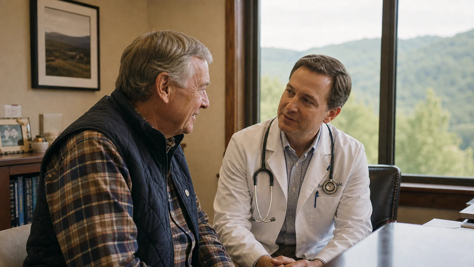 A friendly interaction between a retiree and a doctor in a clinic with Appalachian mountain views.