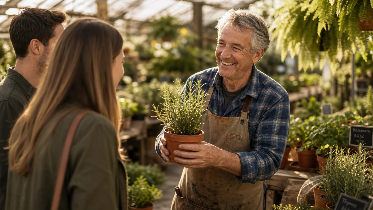 A friendly retired man in a canvas apron helping customers in a sunlit plant nursery greenhouse.