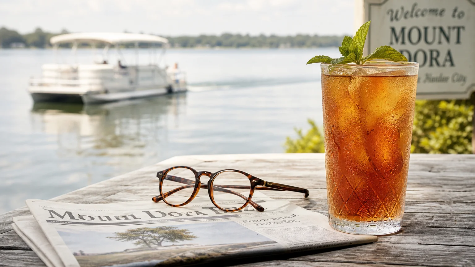 A glass of iced tea and reading glasses on a lakeside table in Mount Dora, Florida.