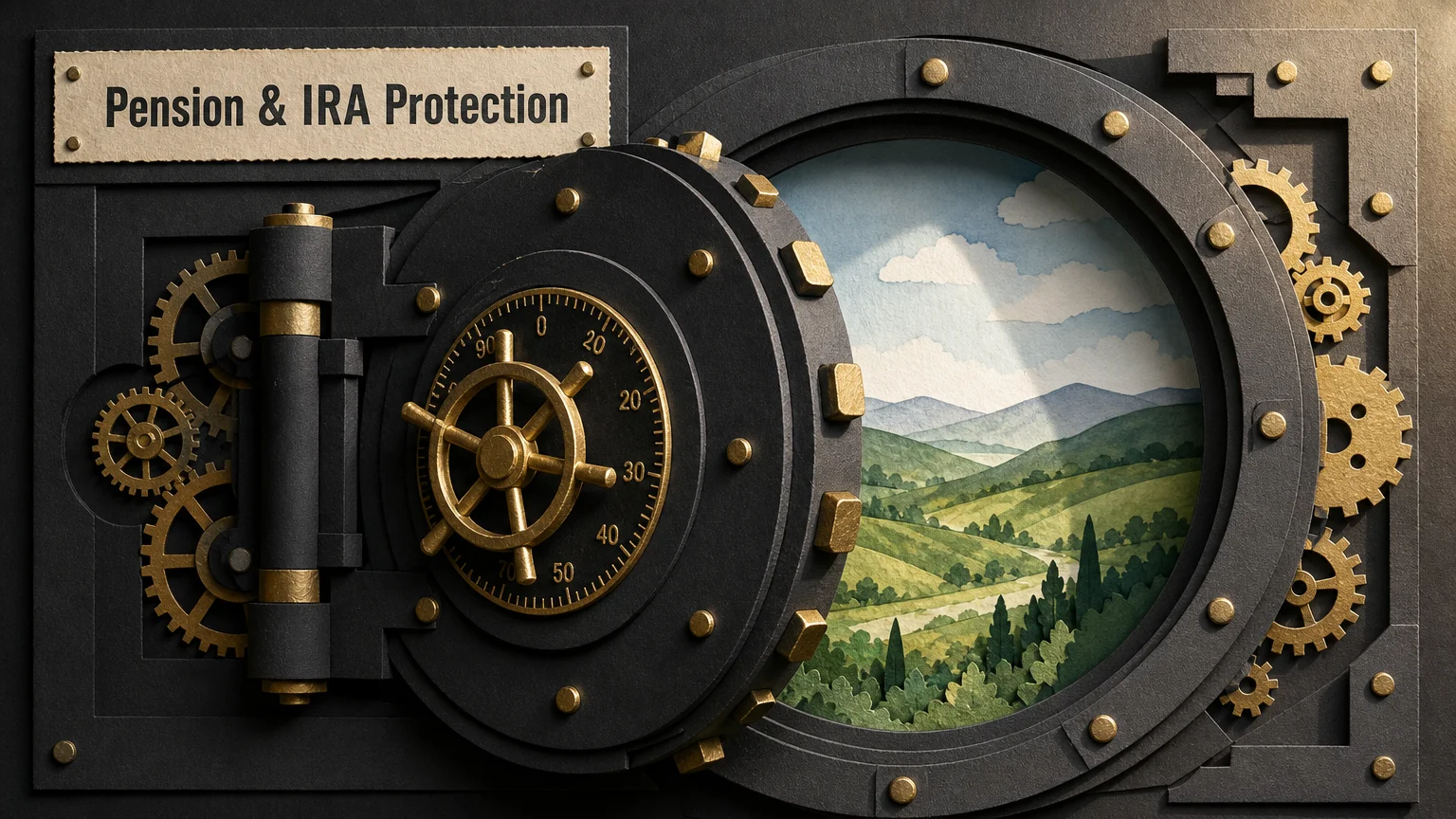 A gold and charcoal paper collage of an open vault door revealing a peaceful watercolor landscape, symbolizing protected retirement funds.