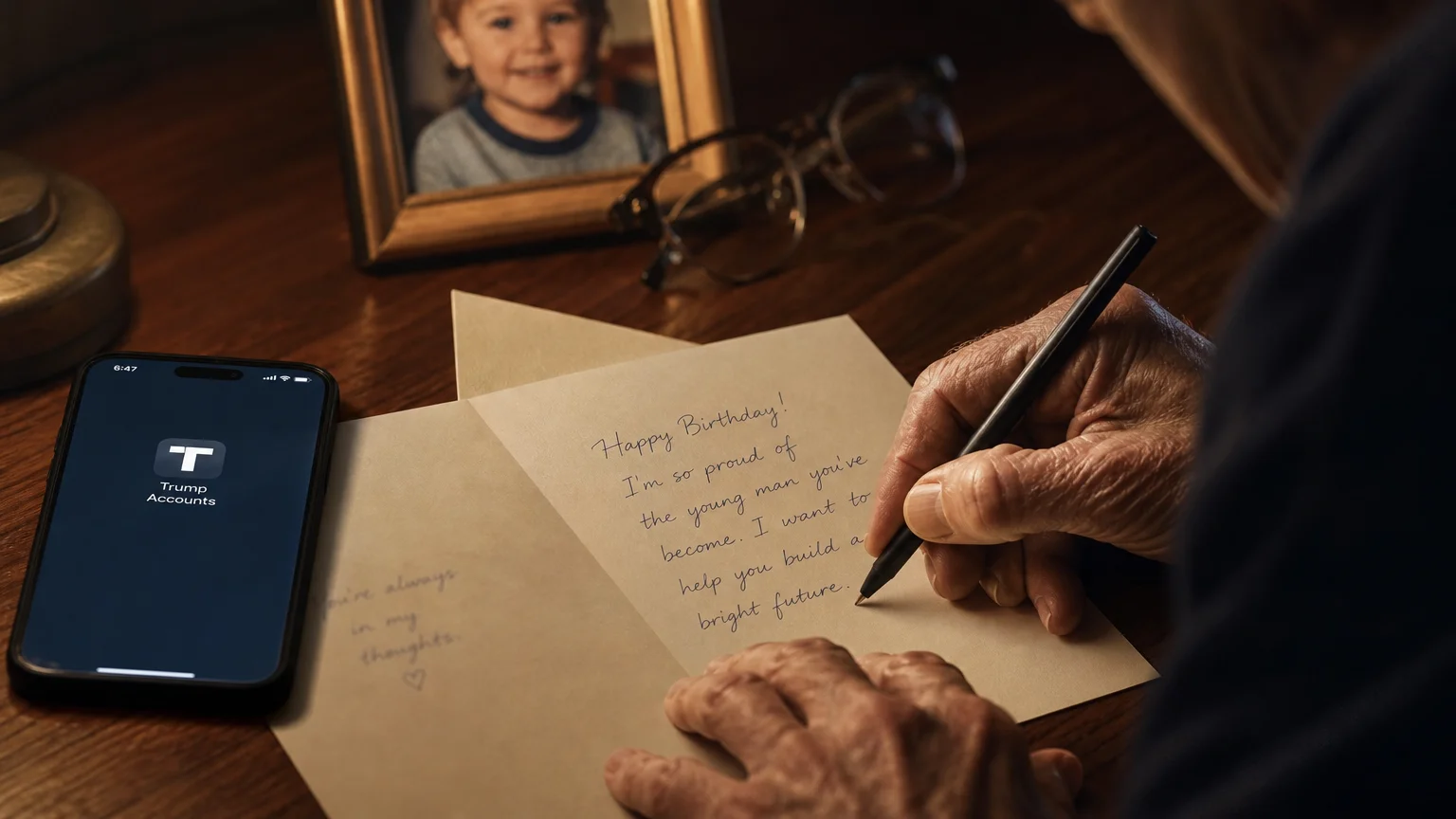 A grandfather writes a birthday card next to a smartphone illustrating how regular gifts can be dire