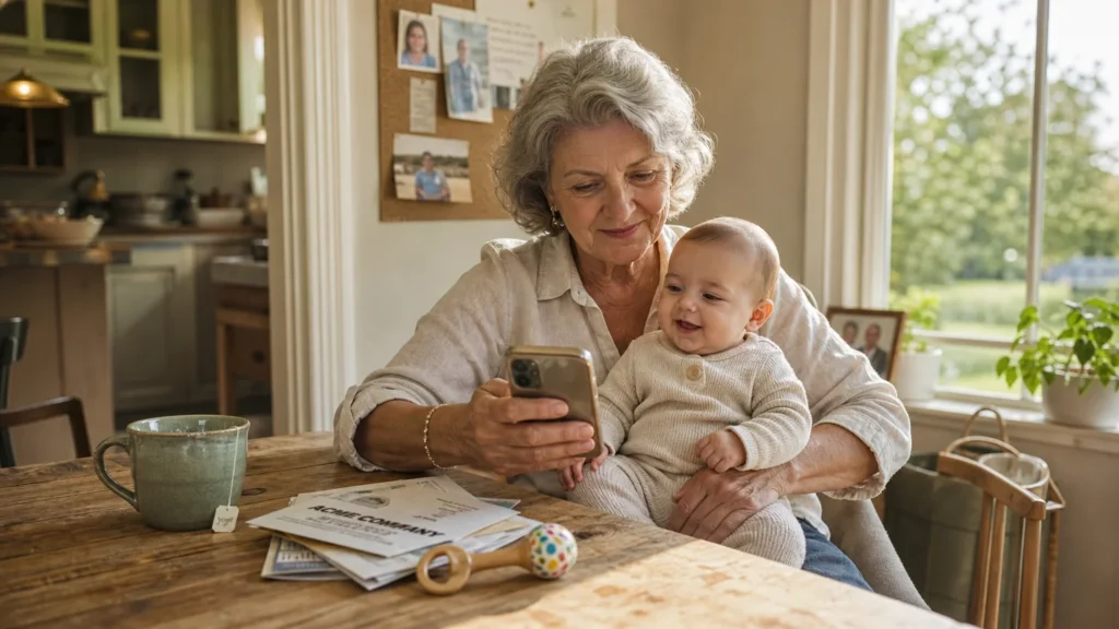 A grandmother sits at a sunlit kitchen table holding her infant grandchild while looking at the Trump Accounts app on her smartphone.