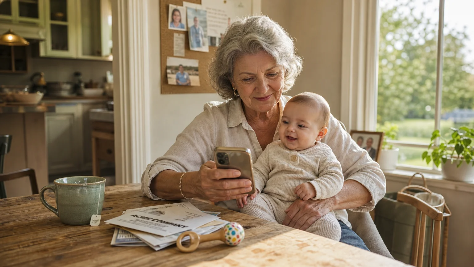 A grandmother sits at a sunlit kitchen table holding her infant grandchild while looking at the Trump Accounts app on her smartphone.