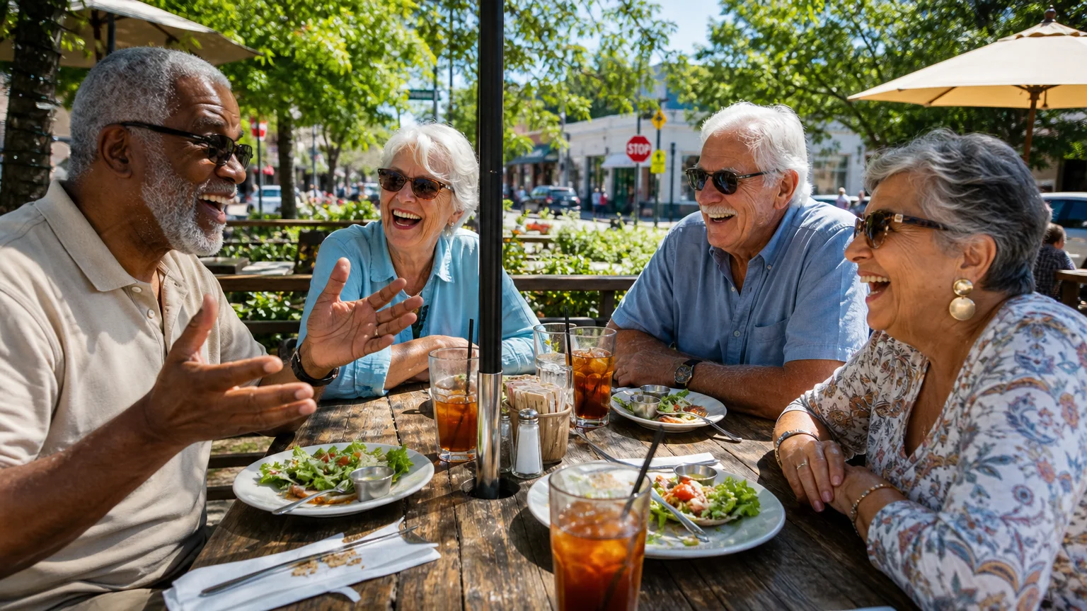 A group of four senior friends laughing together over lunch at an outdoor cafe.