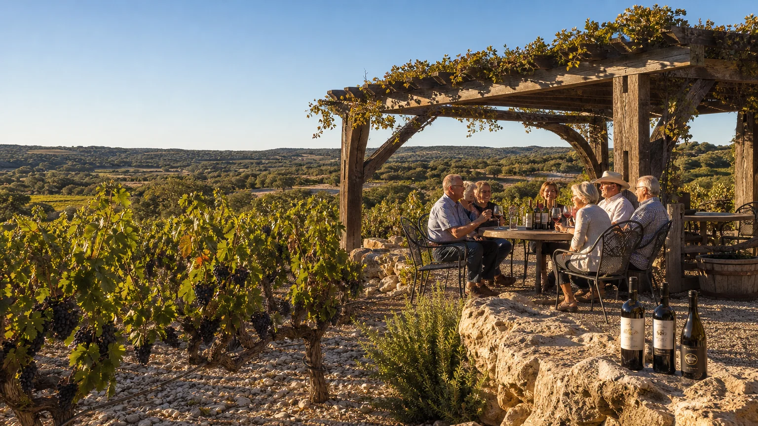 A group of retirees enjoying wine at a vineyard in the sun-drenched Texas Hill Country.