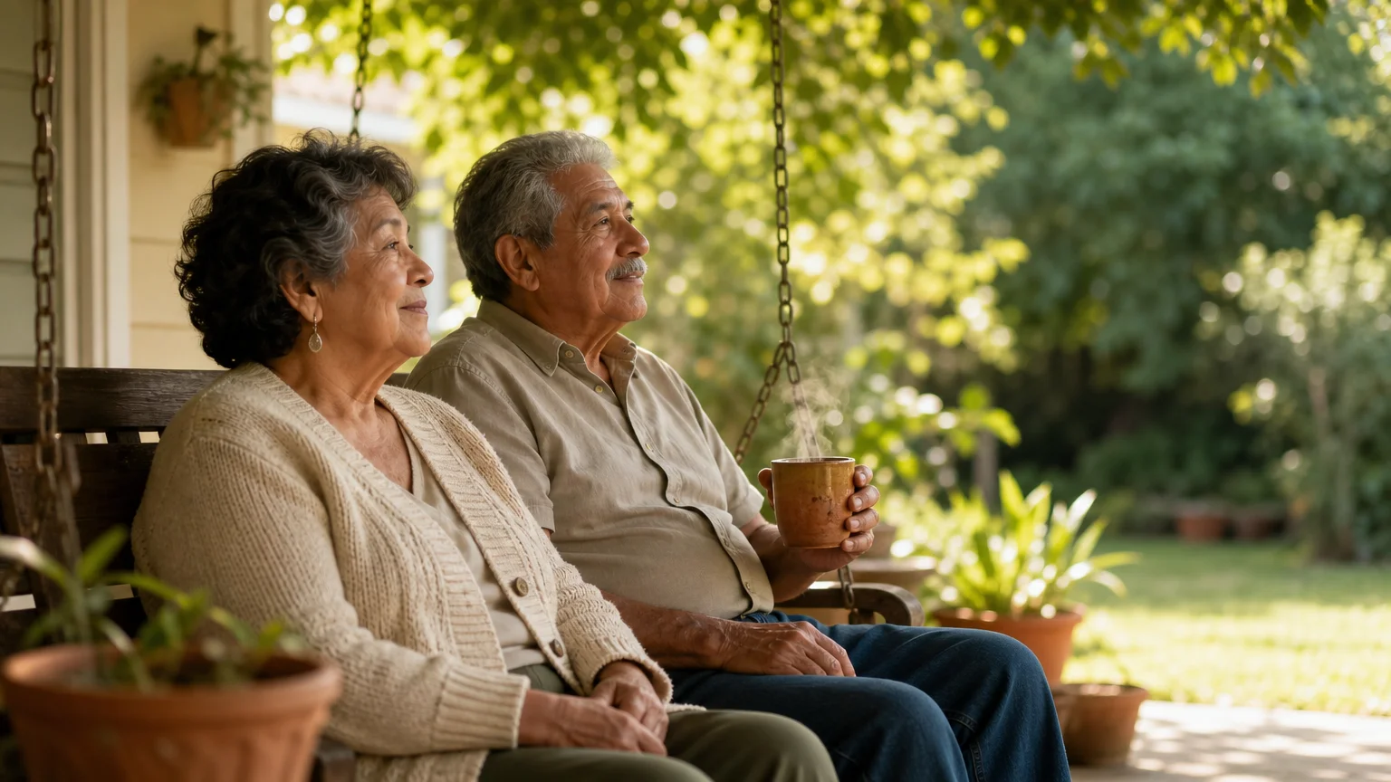 A happy older couple sitting on their sunlit porch, looking over their garden with contentment.