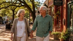 A happy older couple walks laughing through a sunny, historic town square with brick buildings and lush oak trees in the background.