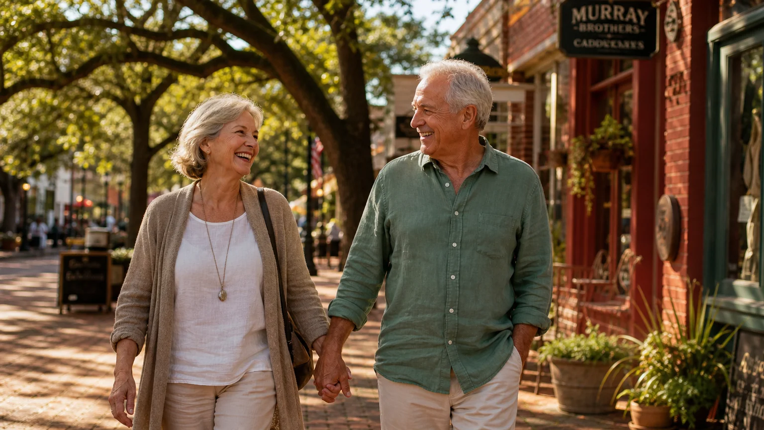 A happy older couple walks laughing through a sunny, historic town square with brick buildings and lush oak trees in the background.