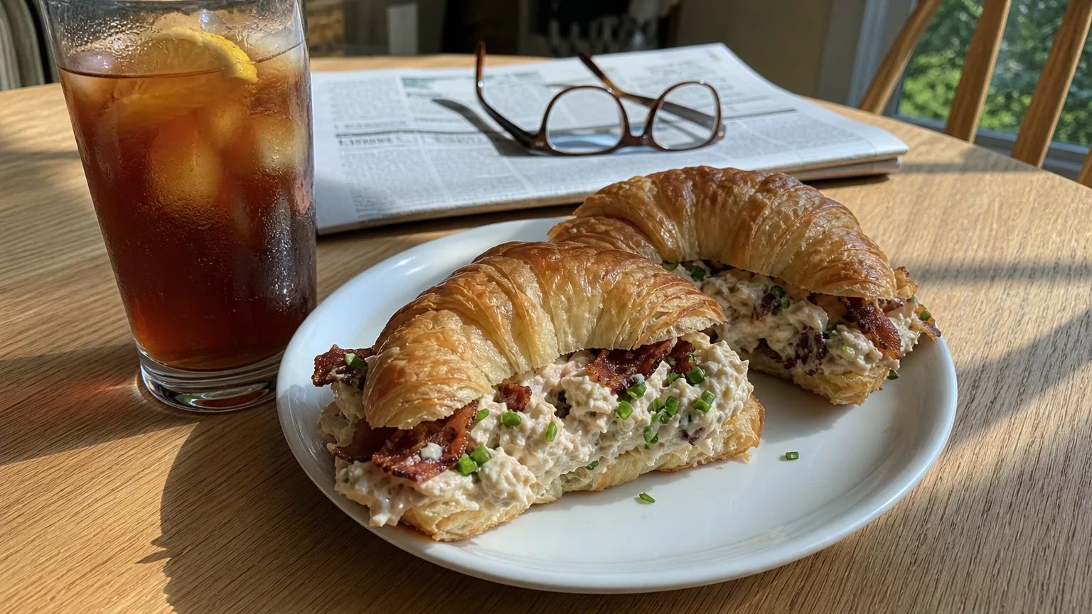A hearty chicken salad croissant sandwich sits next to a glass of iced tea on a sunlit kitchen table.