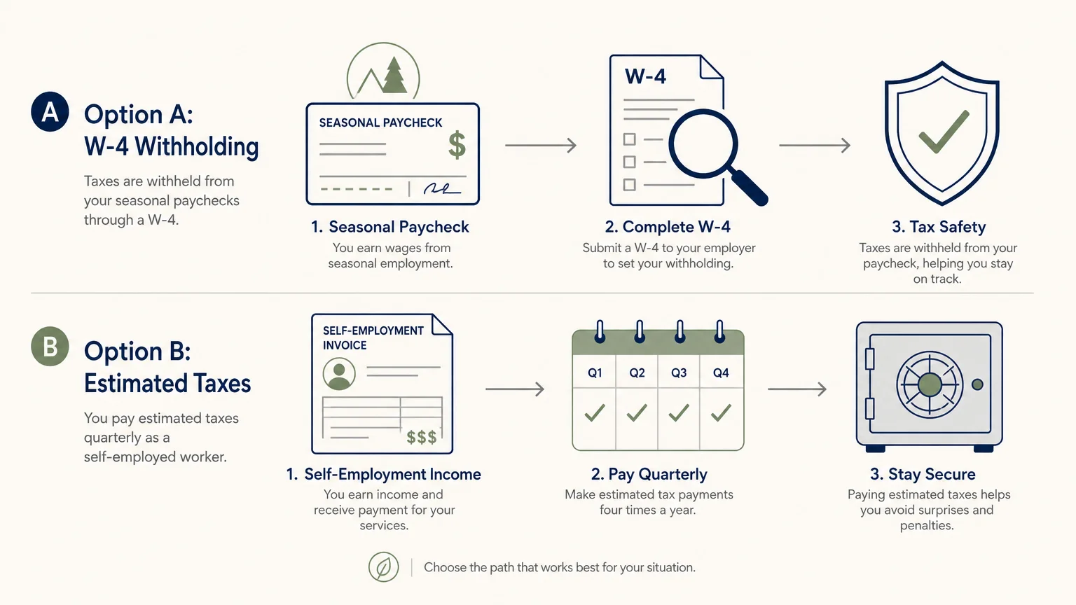 A horizontal flow diagram showing tax strategies for seasonal wages, comparing W-4 withholding and estimated taxes.