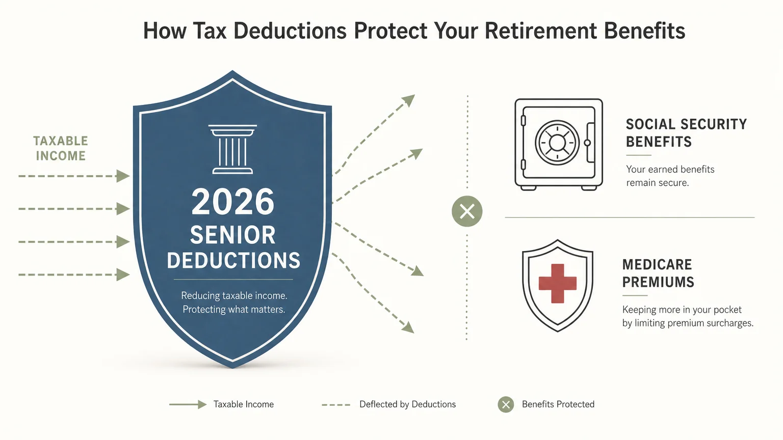A horizontal flowchart showing how senior tax deductions shield Social Security benefits and Medicare premiums from tax impacts.