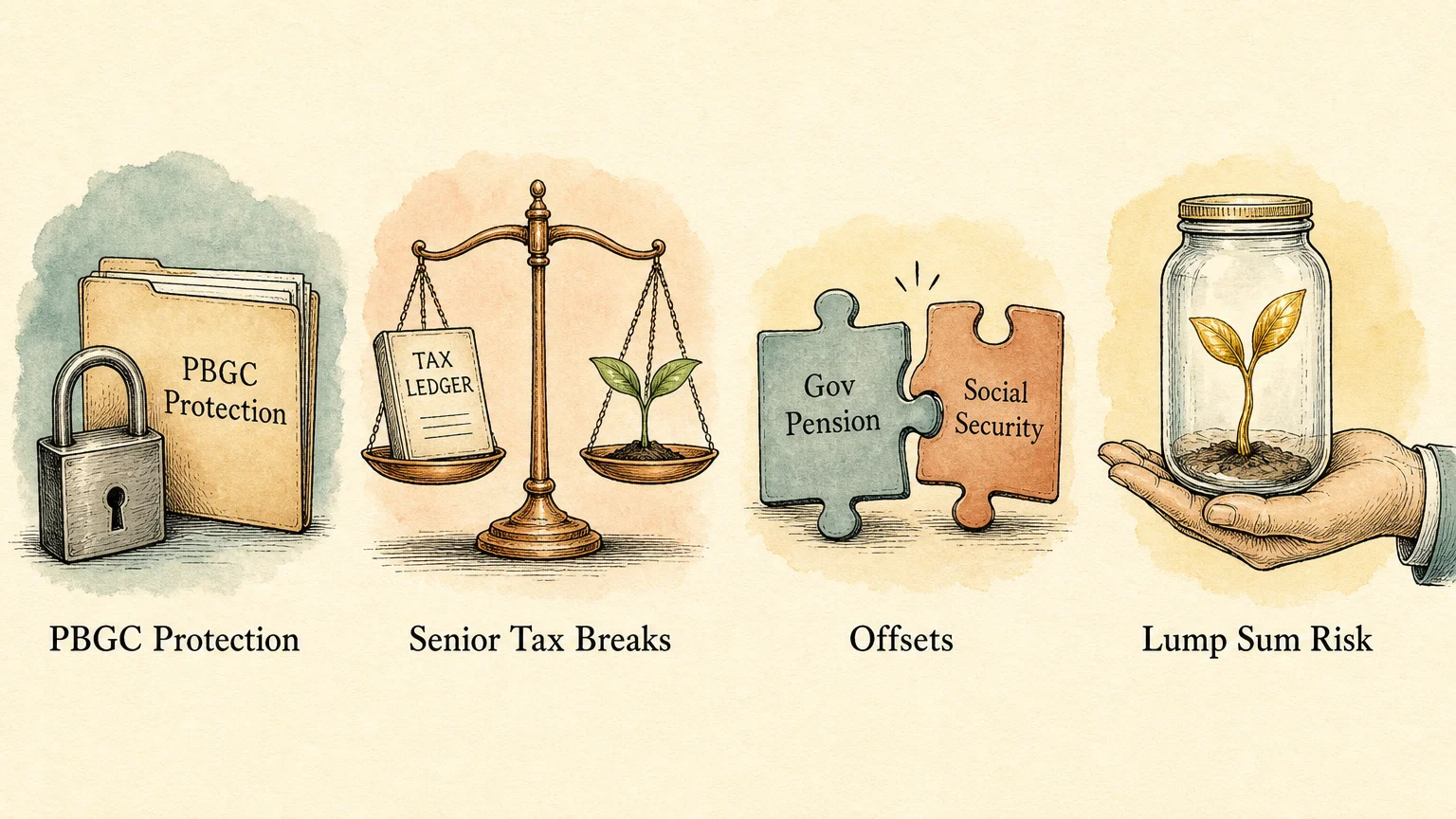 A horizontal four-part watercolor illustration summarizing pension protection, tax breaks, offsets, and investment risk.