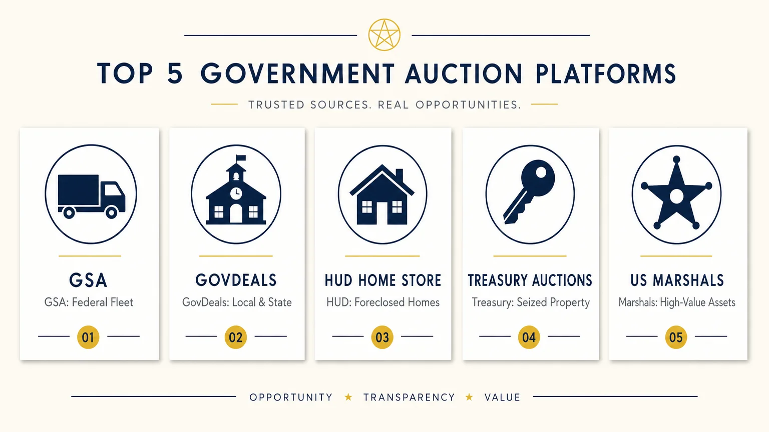 A horizontal infographic panel highlighting five government auction platforms: GSA, GovDeals, HUD, Treasury, and US Marshals.