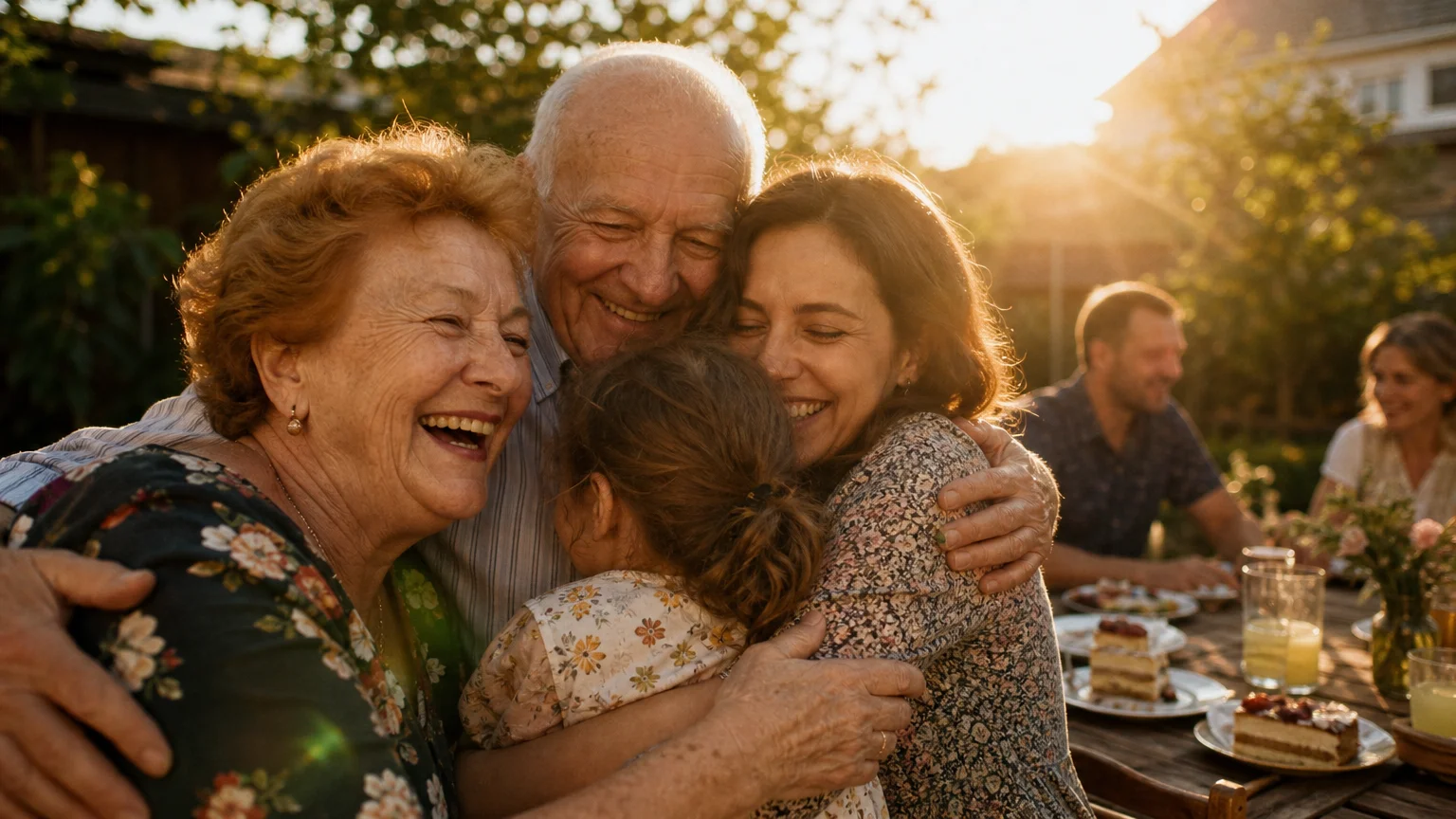 A joyful multigenerational family reunion and celebration in a warm, sunlit backyard garden.