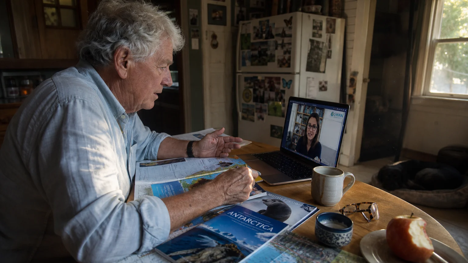A man at his kitchen table uses a laptop to consult with a travel advisor, surrounded by brochures and a mug of tea.