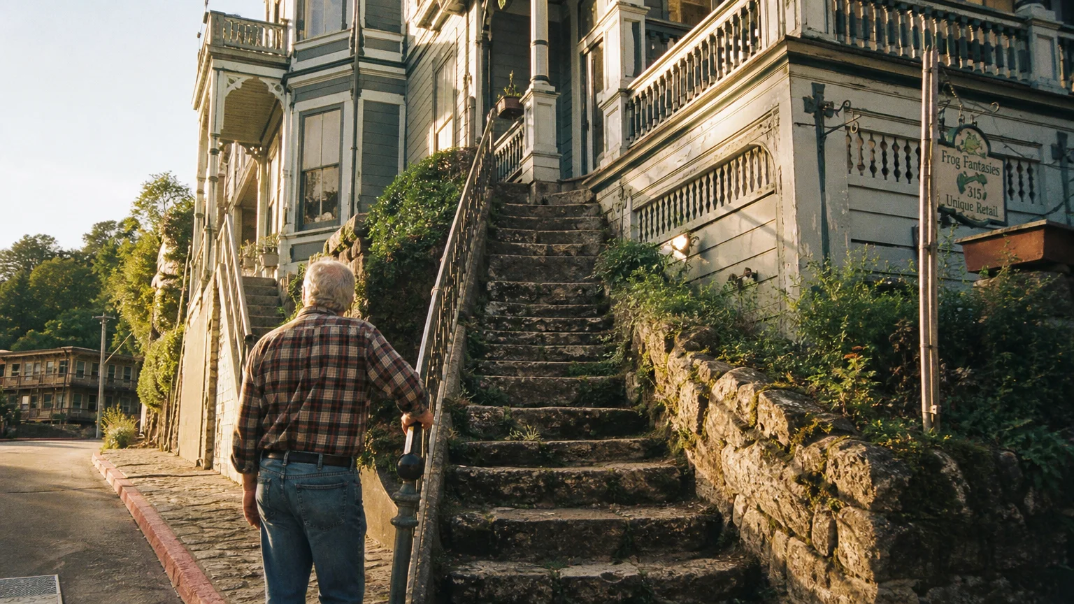 A man stands at the bottom of steep stone stairs leading to a historic Victorian house on a hilly street.