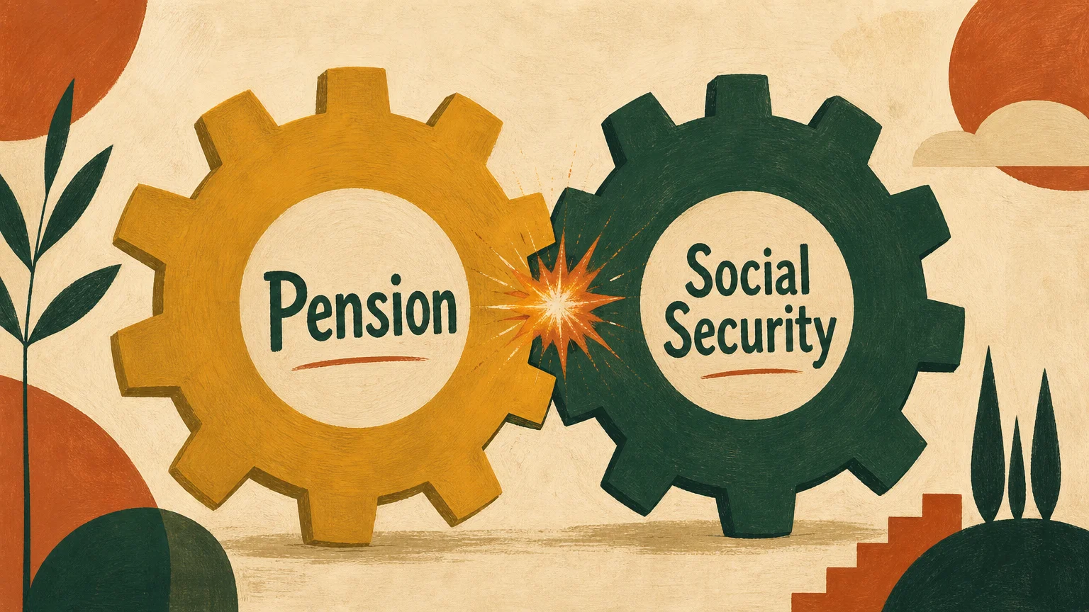 A mid-century gouache illustration of two interlocking gears labeled 'Pension' and 'Social Security' working in harmony.