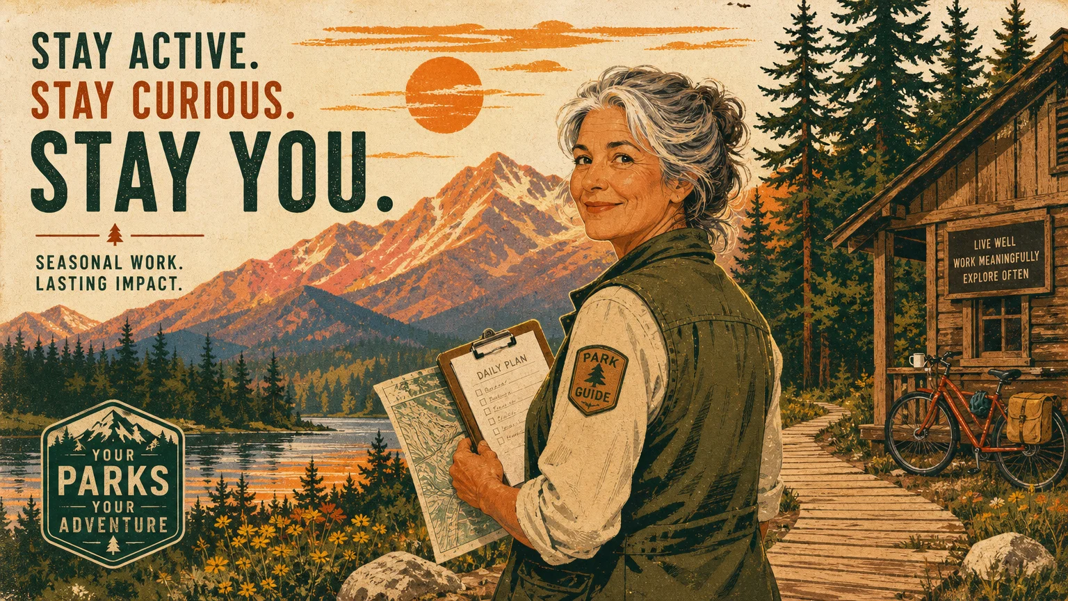 A mid-century style illustration of a retired woman working as a national park guide, standing on a forest trail under a sunset.