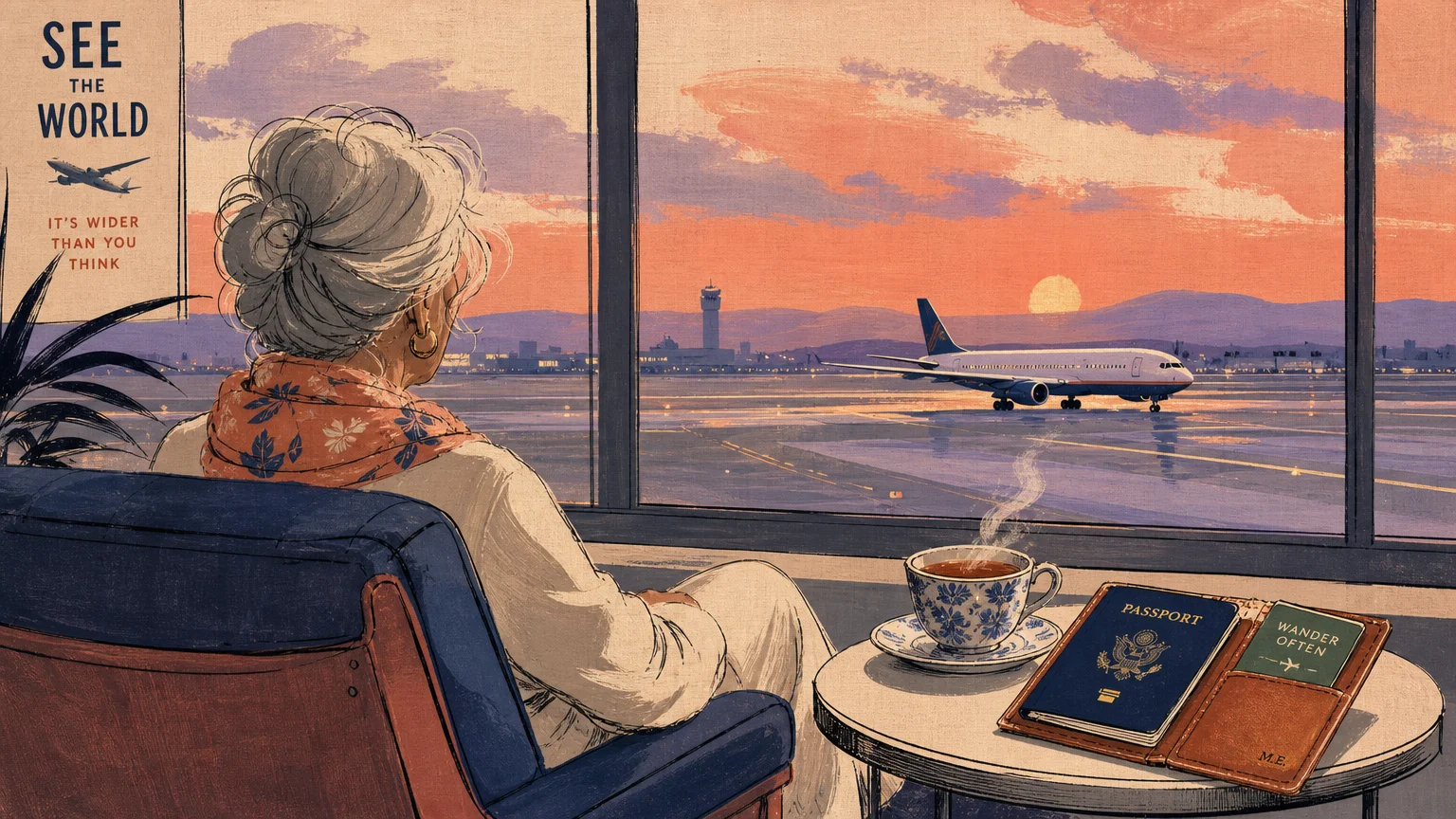 A mid-century style illustration of an older woman looking out of an airport lounge window at sunset.