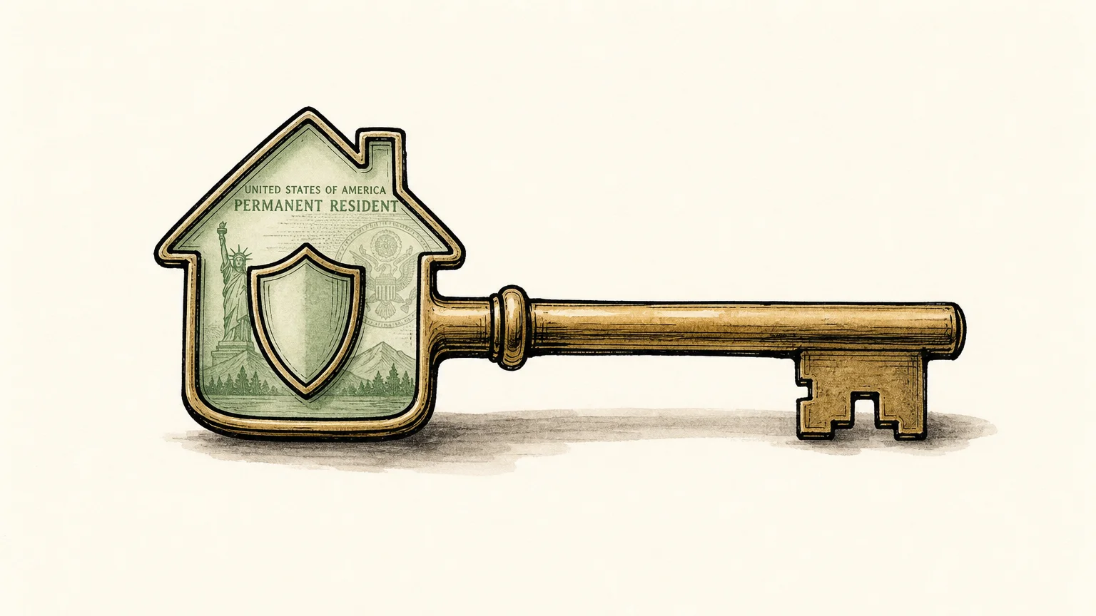 A minimalist conceptual illustration of a brass key shaped like a house and protective shield.