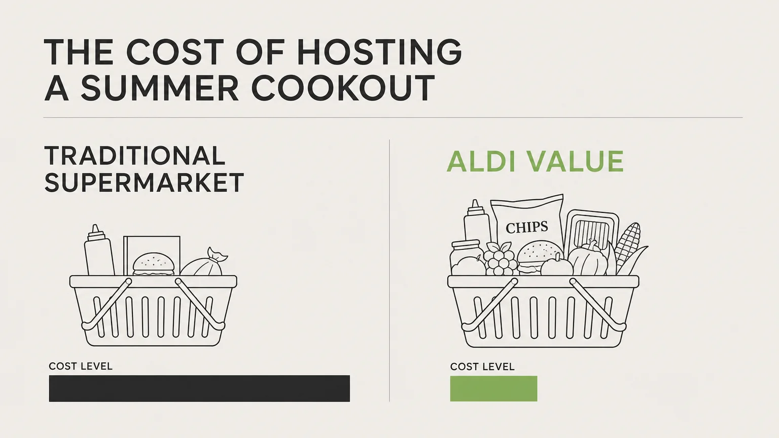 A minimalist infographic comparing a half-full, high-cost traditional supermarket basket with a full, lower-cost Aldi basket.