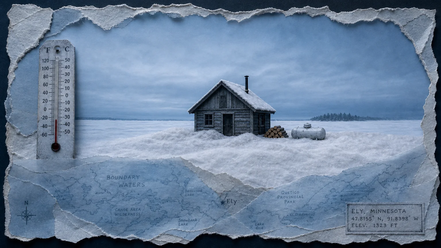 A mixed media art piece showing a small cabin buried in deep snow with an icy blue color palette.