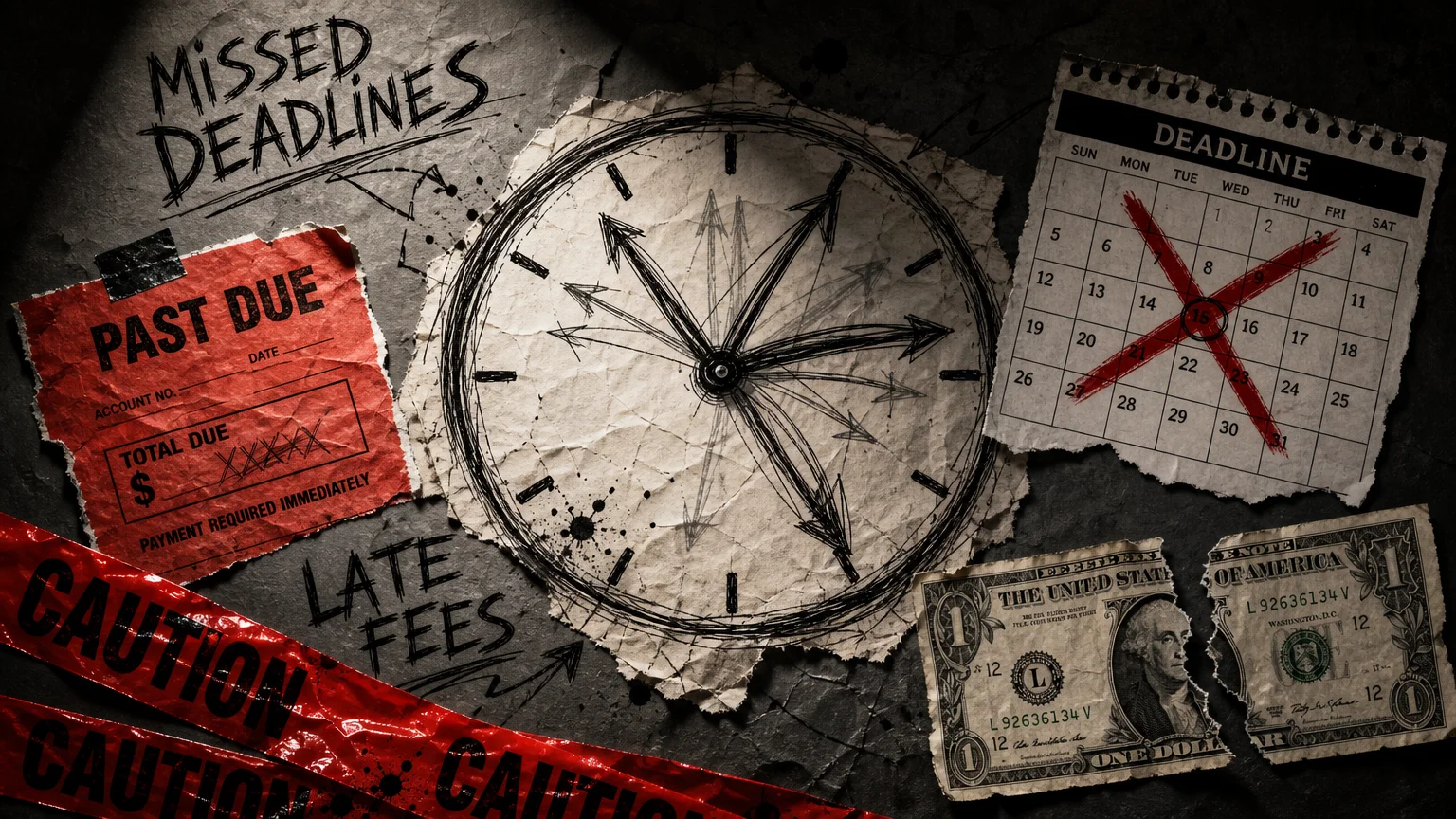A mixed-media art piece showing a spinning clock, missed deadlines, and red tape to represent Medicare mistakes.