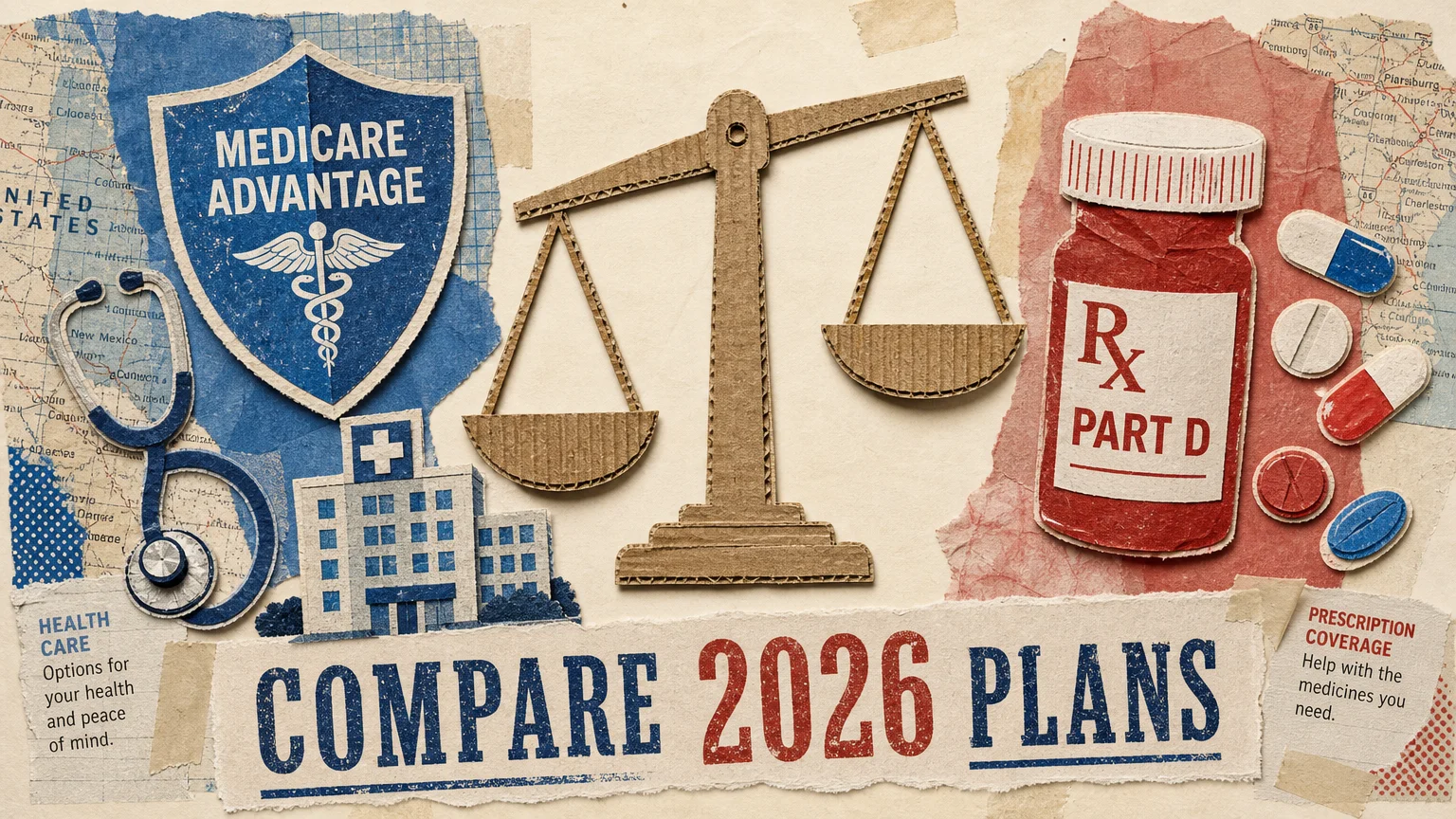 A mixed-media collage comparing Medicare Advantage and Part D plans using paper-cut icons and scales.