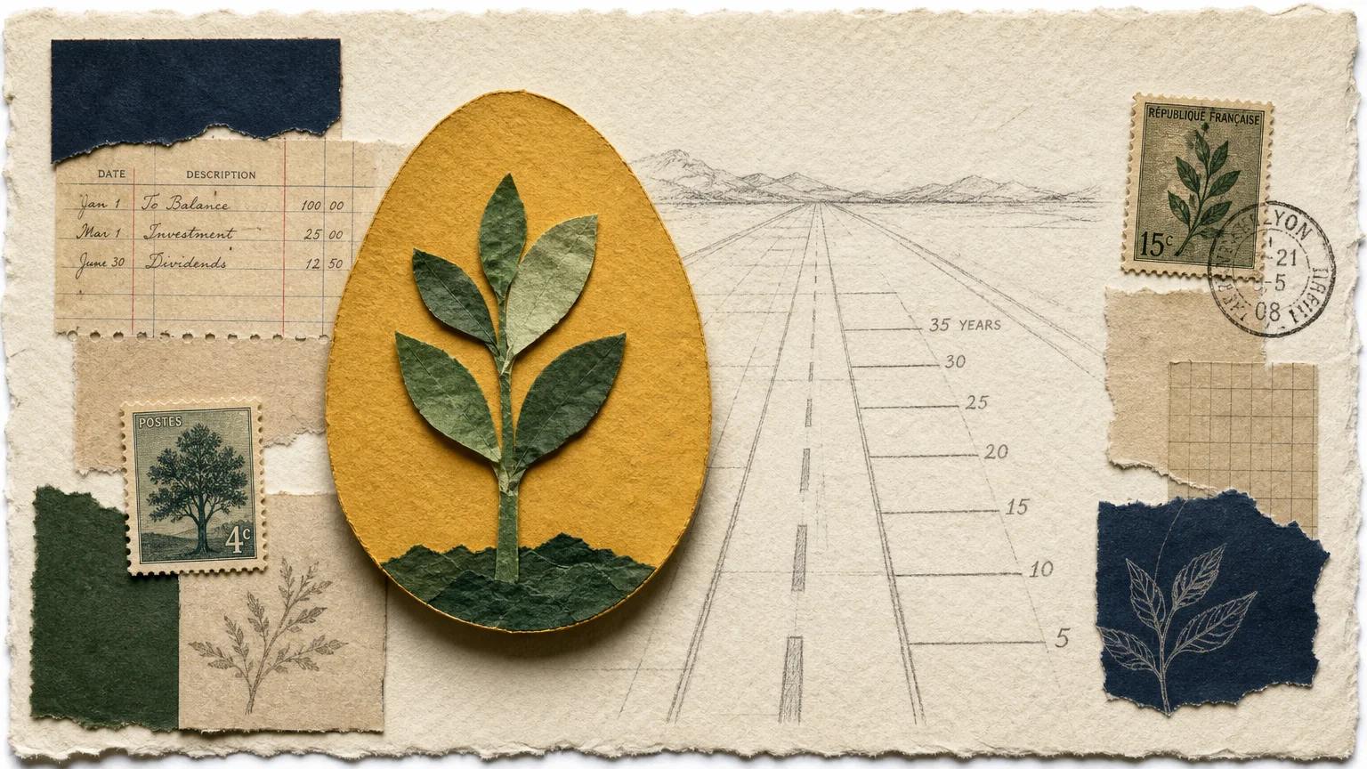 A mixed media collage featuring a golden egg with a green sapling growing inside symbolizing long te