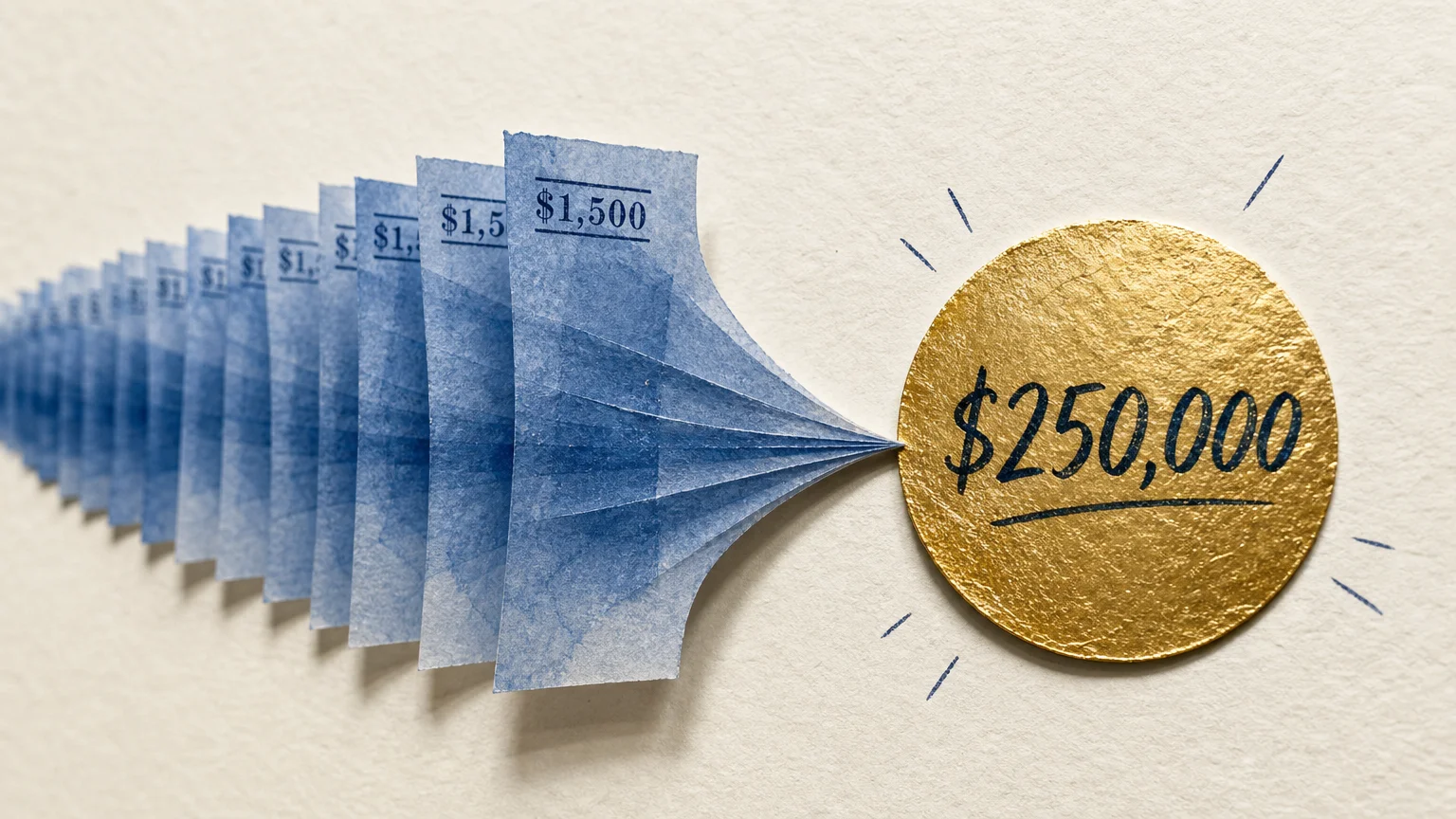 A mixed-media collage showing many $1,500 monthly payments converging into a single $250,000 gold circle.