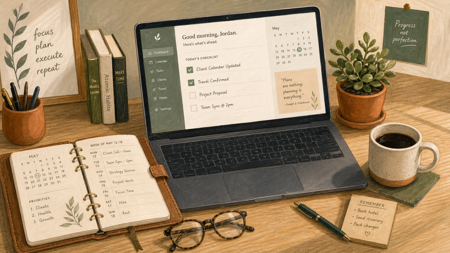 A painterly gouache illustration of an organized desk with a laptop showing completed virtual assistant tasks.