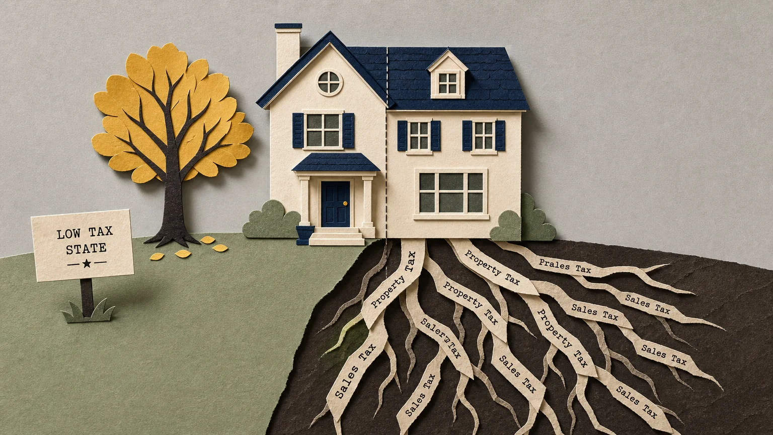 A paper-cut collage of a house with roots labeled 'Property Tax' and 'Sales Tax' extending below, representing the hidden costs of low-incom