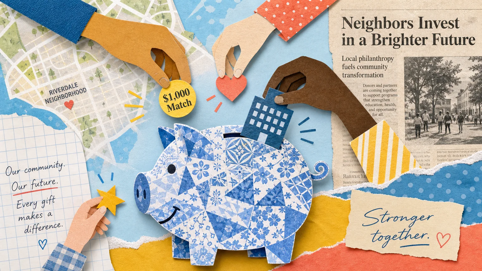 A paper cut collage showing multiple hands contributing to a central savings fund representing commu