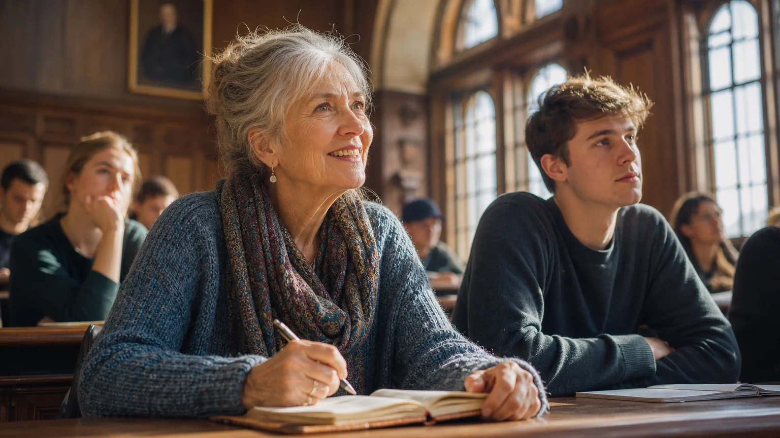 A photograph of an older woman smiling and taking notes during a multi-generational college class.