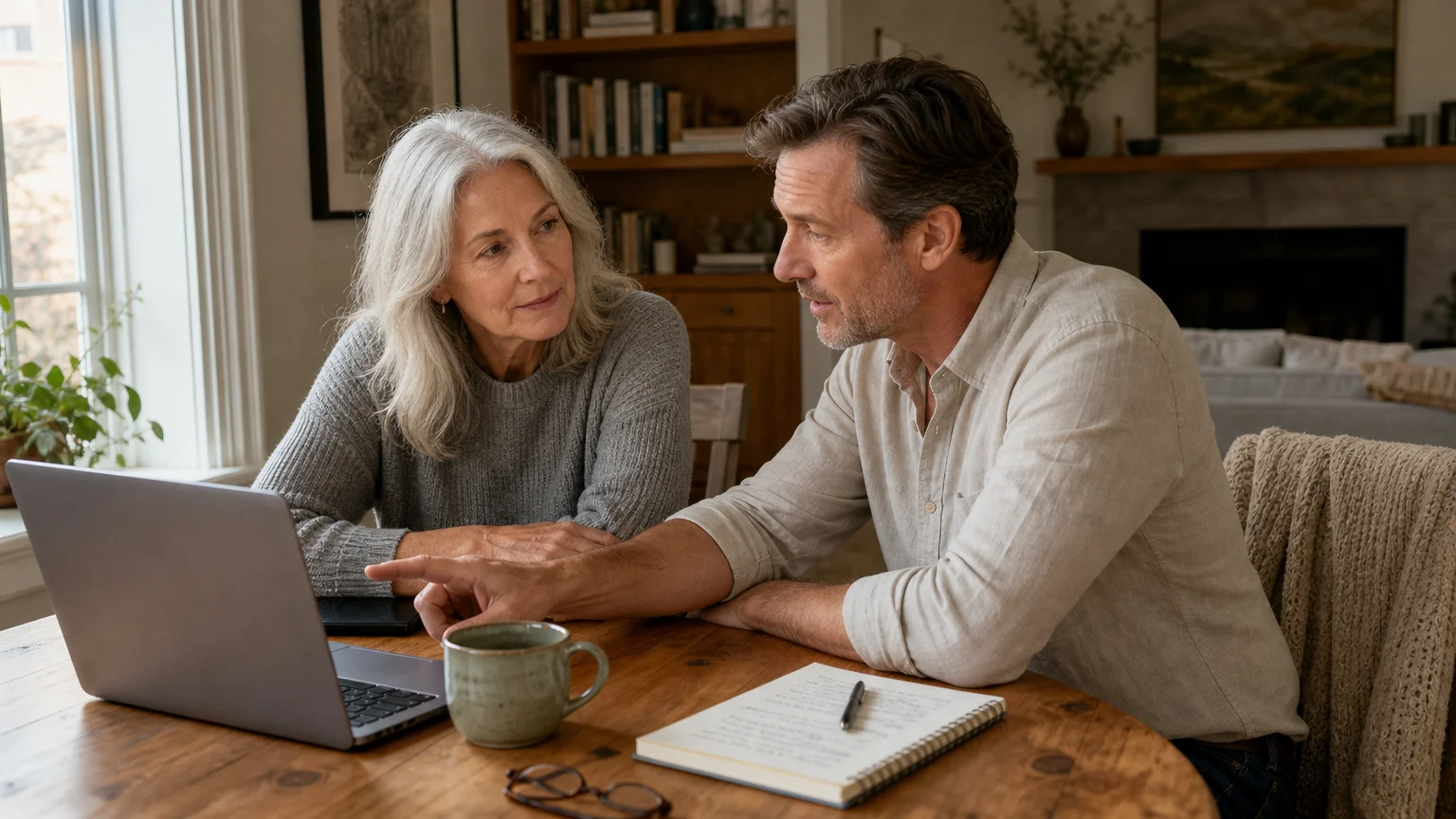 A realistic photograph of an older woman consulting with a financial planner in her home, looking at a laptop screen.