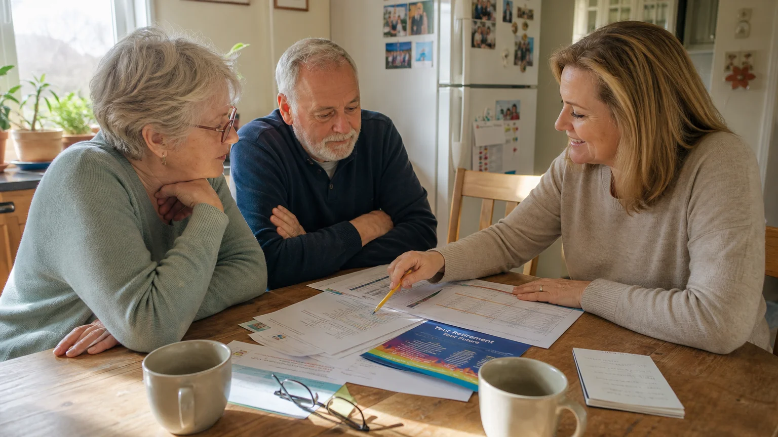 A retired couple discussing financial documents with a supportive advisor at their sunlit kitchen table.