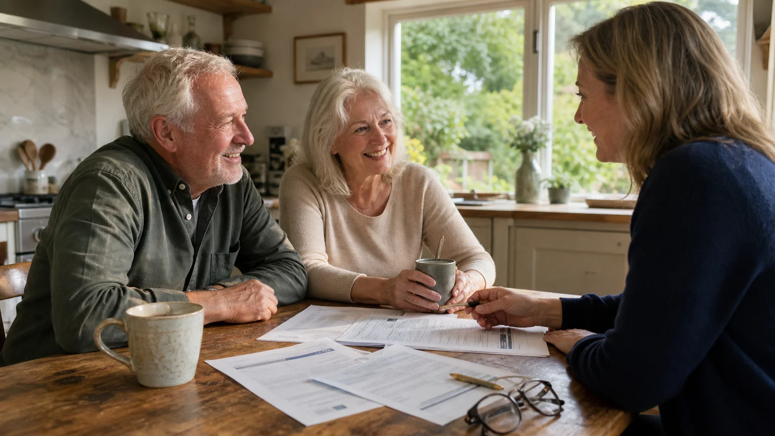 A retired couple having a relaxed conversation with a financial advisor at their sunlit kitchen table over coffee.