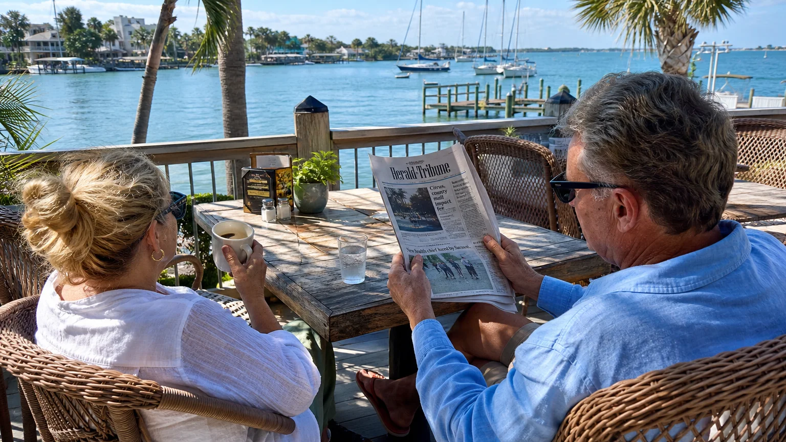 A retired couple relaxes on a sunny Sarasota patio overlooking a marina with sailboats, enjoying coffee and the morning newspaper.