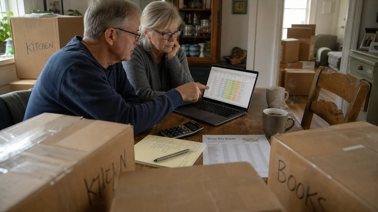 A retired couple reviews tax documents and spreadsheets at a wooden kitchen table surrounded by half-packed cardboard boxes.